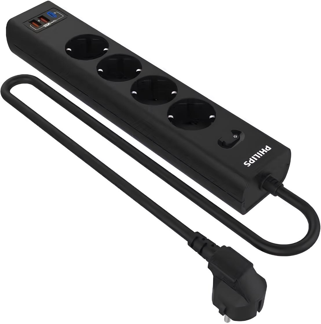 Philips 4 Розетки с USB PD/QC3.0 (5/9/12В) 20Вт кабель 5M (черный)
