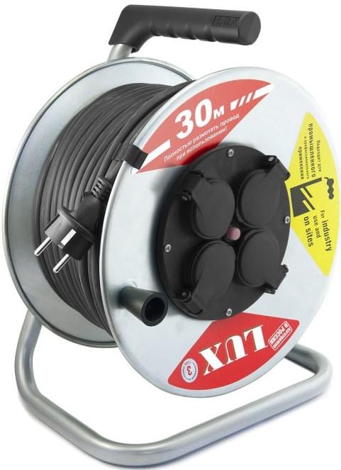 LUX 55130 на металл. кат. К4-Е-30 КГ 3x2.5 30м 16А 4 роз. с з/к, защитой и крышк. IP44 4606400420415 (черно-серебристый)
