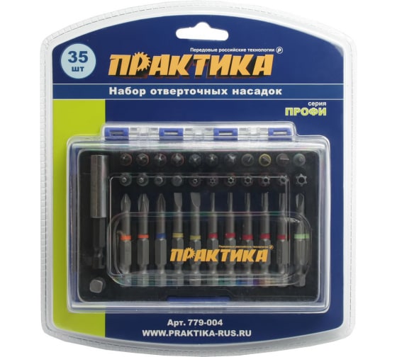 Набор ПРАКТИКА бит 25 мм и 50 мм, PH 6 шт + PZ 4 шт + SL 5 шт + T/Torx 12 шт + TW 1 шт + Hex 5 шт + магнитный держатель 779-004 (черный)