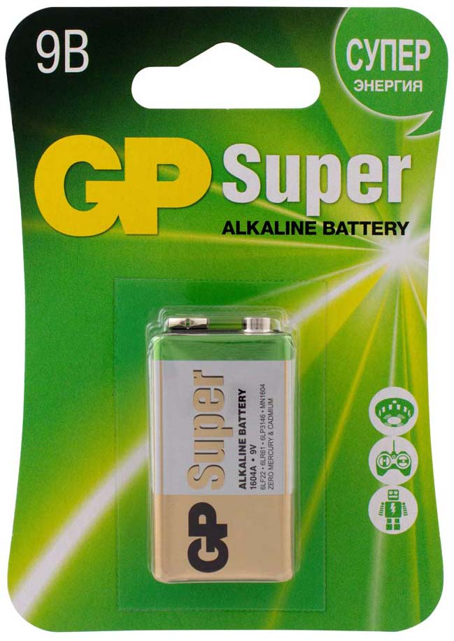 Батарейка GP Super Alkaline 9V Крона - 1 шт. на блистере (зеленый)