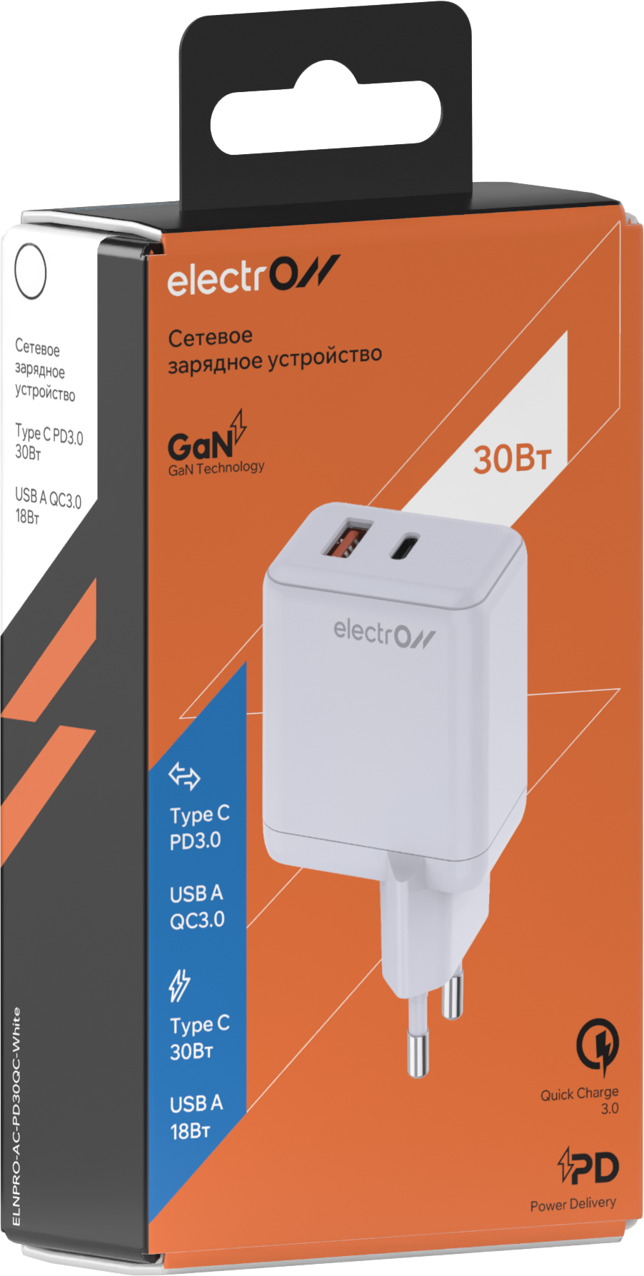 Electron USBA QC3.0+TypeC PD, 30Вт (белый)