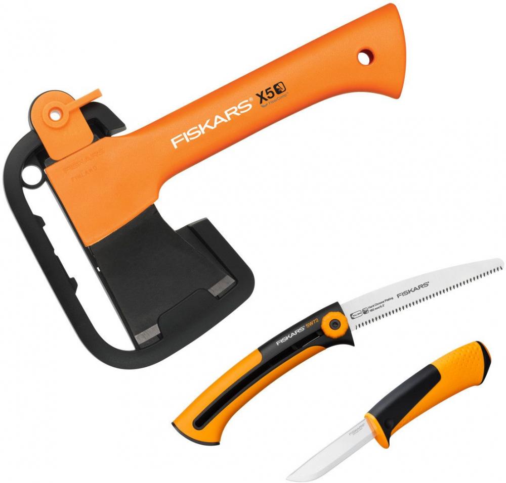 Набор Fiskars универсальный топор+пила+универсальный нож (черно-оранжевый)
